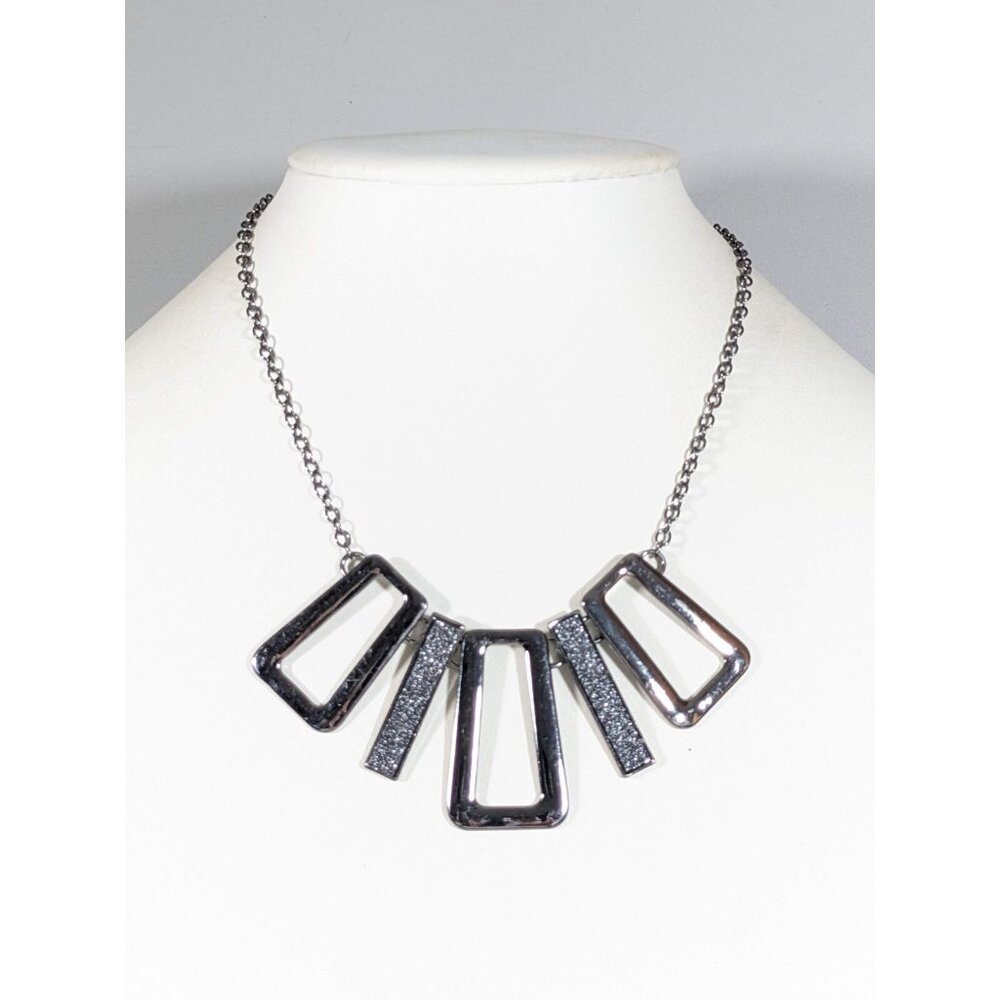Monet Gray Metallic Glitter Rectangle Panel‎ Statement Necklace 19 inches